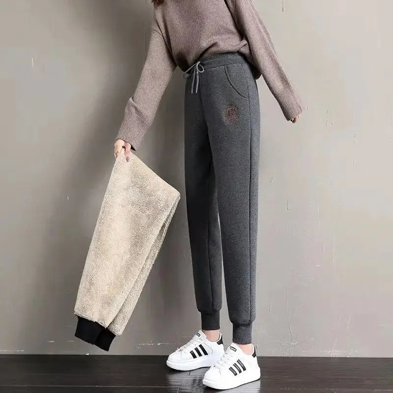 Winter New Elastic Waist Lacing Sports Pants Ladies Solid Loose All-match Fleece Casual Pants Vintage Fashion Women Clothing