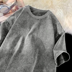 Vintage Snowflake Graphic Solid Color Unisex Cotton T-Shirt - Short Sleeve Wash Street Style Hip Hop Tee - S (Gray)