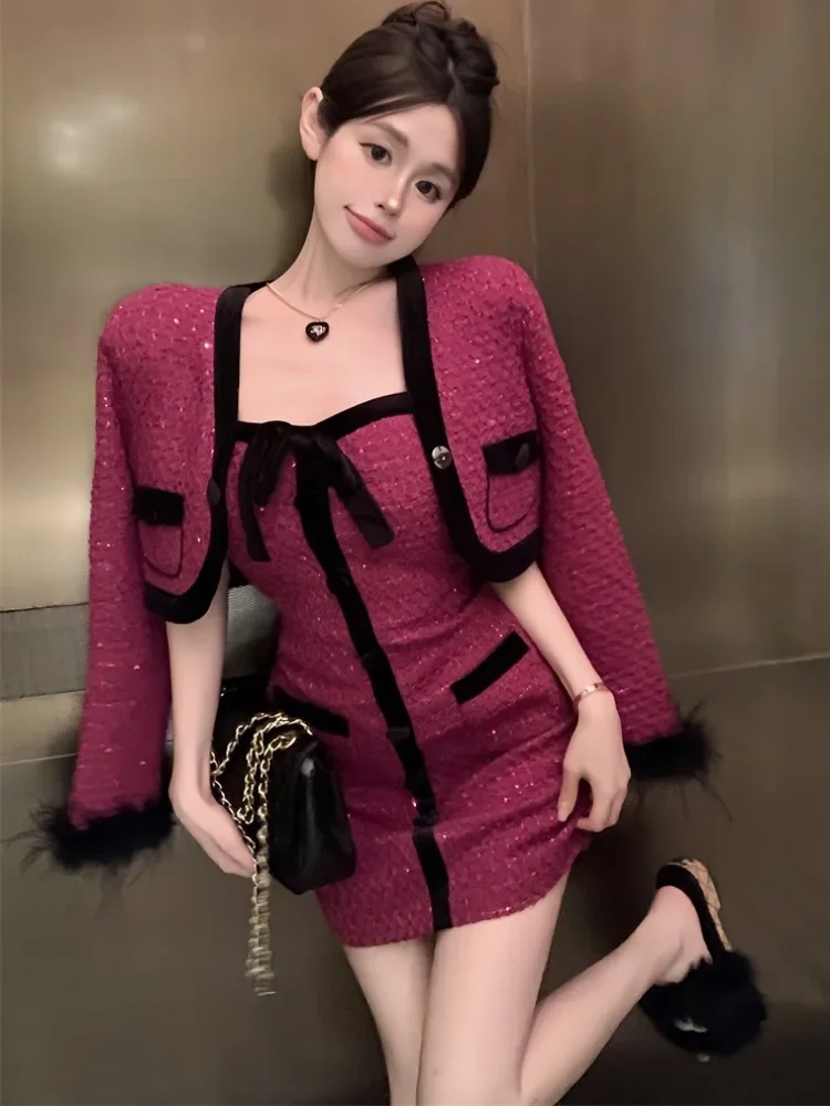 

Fashion New Autumn Two Piece Set for Women Jacket Coat + Spaghetti Strap Mini Dress Sets Small Fragrance Outfit Tweed Elegant