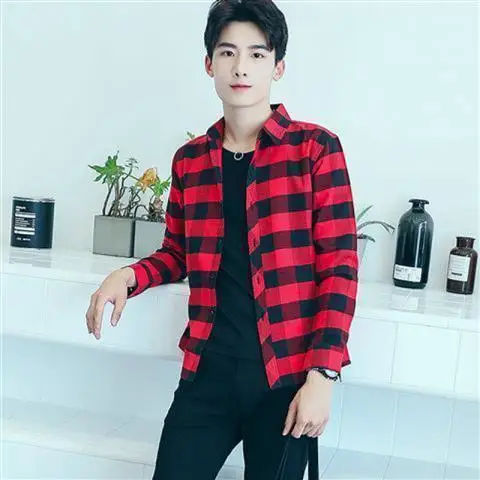 thumbnail image 1 of Camisas y blusas de manga larga para hombre, elegantes, de algodón, a cuadros, para hombre, estilo coreano, novedad en ropa de primavera hipster, 1 of 5