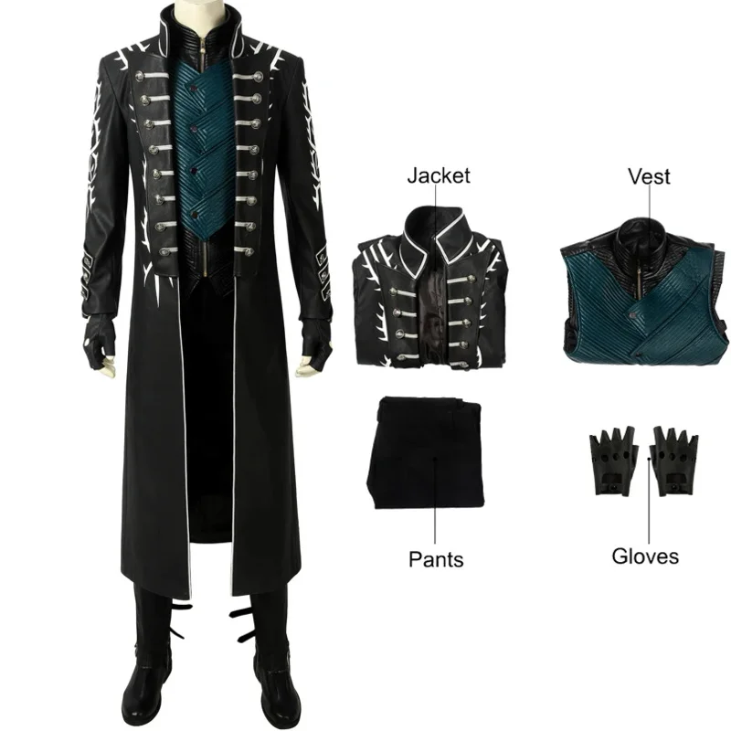 

Demon Hunter Vergil Costume Fashion Long Jacket Fantasy Masquerade Carnival Costume With Boots Set DMC 5