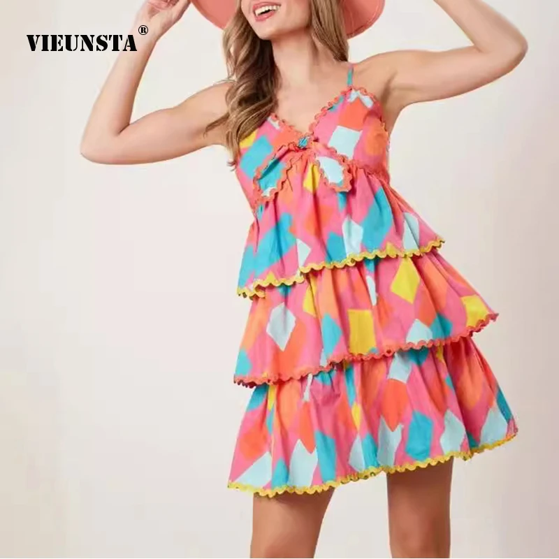 

Summer New Fresh Sweet Wave Embellished Women's Suspender Dress 2024 Trend Color Blocking Backless Loose Temperament Cake Skirts
