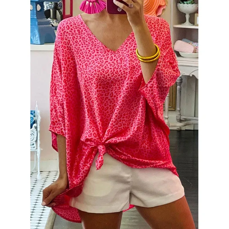 Women's Leopard Printed Half Sleeve Shirt Casual Red Tops Loose Clothes V Neck Summer Fashion New 8619