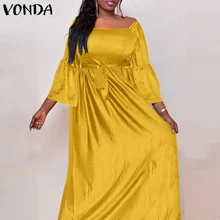 

VONDA Dress 2022 Elegant Women Flare Sleeve Square Neck Sexy Party Sundress Women Pleated Satin Slik Long Maxi Vestidos Belted