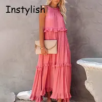 Women Casual Solid Ruffles Long Dress Summer Elegant Sleeveless Sundress Elegant Harajuku Maxi Dress Beach Party Evening Vestido - Image 3
