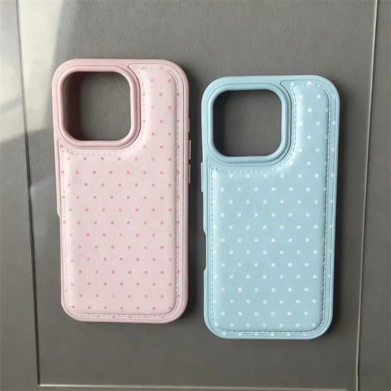 Korean Blue and Pink Polka Dots Shockproof Leather Phone Case