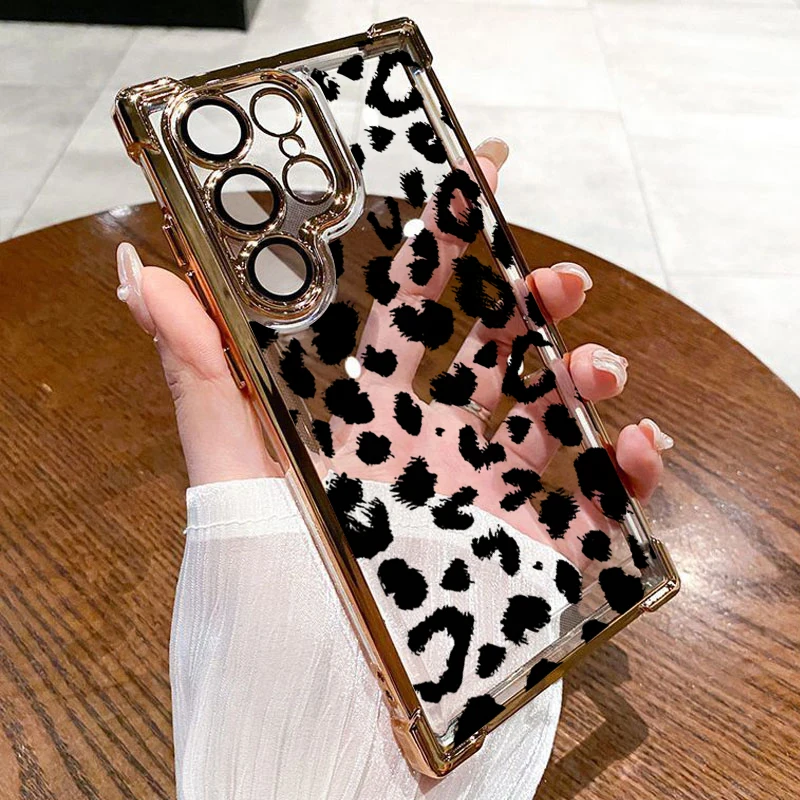 Leopard Print Electroplated Airbag Transparent Phone Case - Anti-Drop Cover
