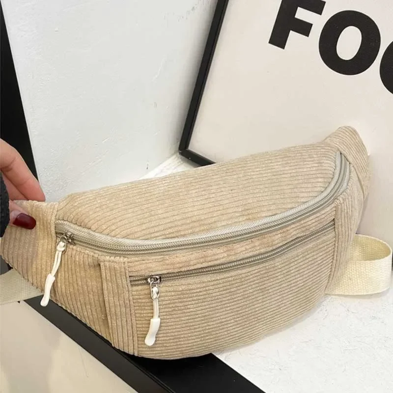 Women Waist Bag Corduroy Student Shoulder Handbag Crossbody Chest Breast Bag Fanny Pack Fashion Phone Female Bum Belt Purse