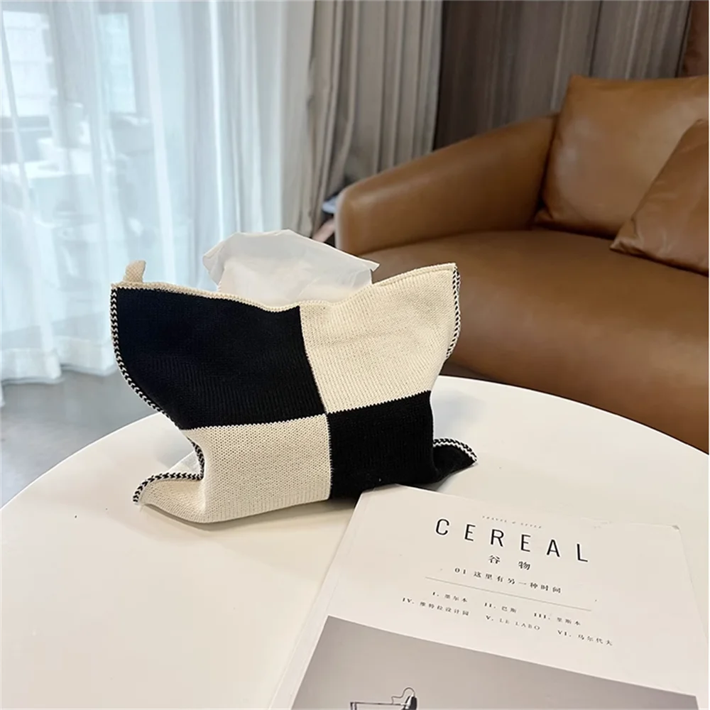 Decoration Knit Desktop Tissue Box Foldable Reusable Heart and Plaid Napkin Cover Dustproof Home Livingroom Car Paper Towels Bag 4