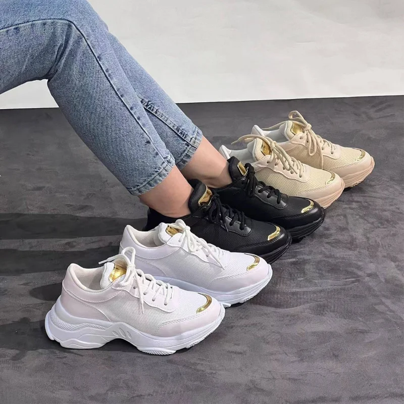 New Heel Mesh Sports Shoes Sneakers Women's Breathable Lace-up Platform Sneakers Splicing Lace Up Outdoor Vulcanized Shoes 6