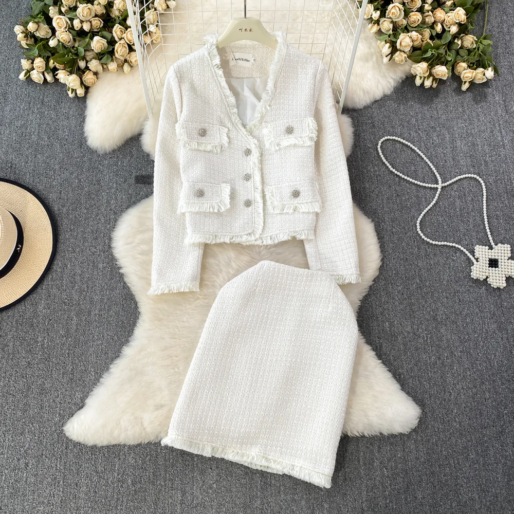 

High Quality French Vintage Small Fragrance Tweed Two Piece Set Women Jacket Coat + Mini Skirt Sets Fall Winter 2 Piece Outfits