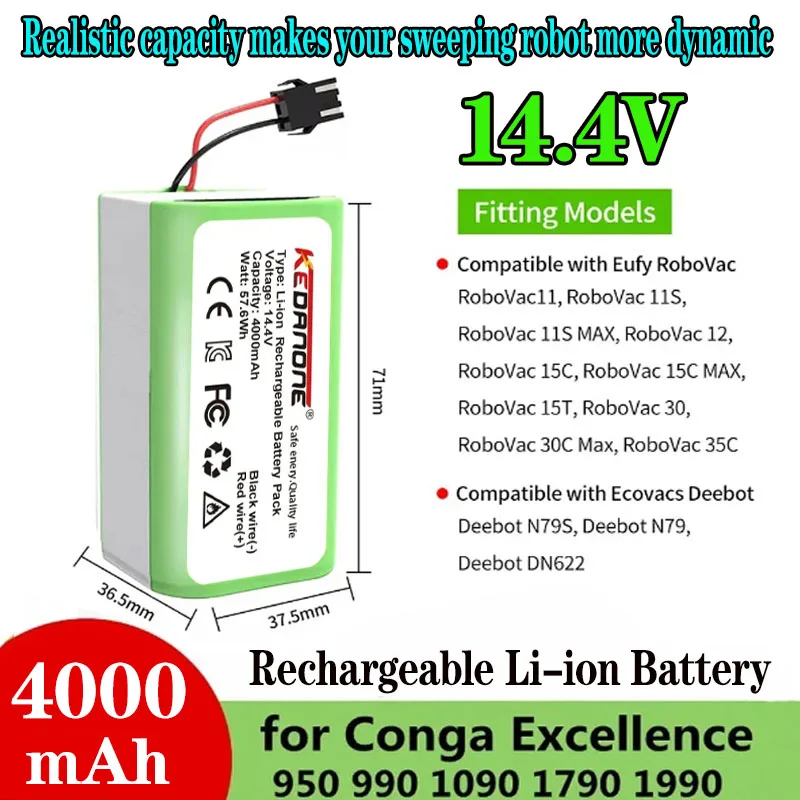 

14.4V 2600mAh 18650 Iithium Battery is Used for Conga 990, 1090, Tesvor X500, Ecovacs, Deebot N 79, N79S, DN622, Eufy, RoboVac