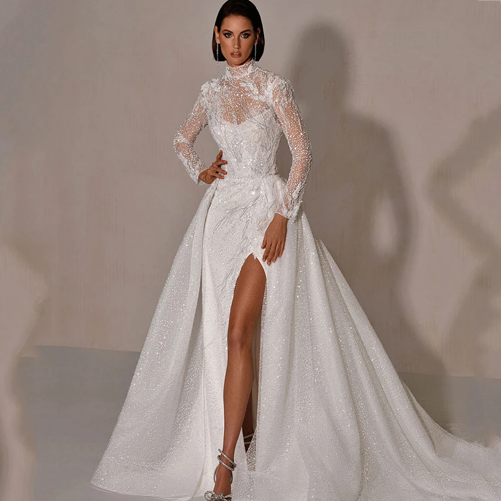 Exquisite Wedding Dresses A-line Pretty Applique Elegant Full Sleeves High-neck Split Skirt Design Self-cultivation Bridal Gown