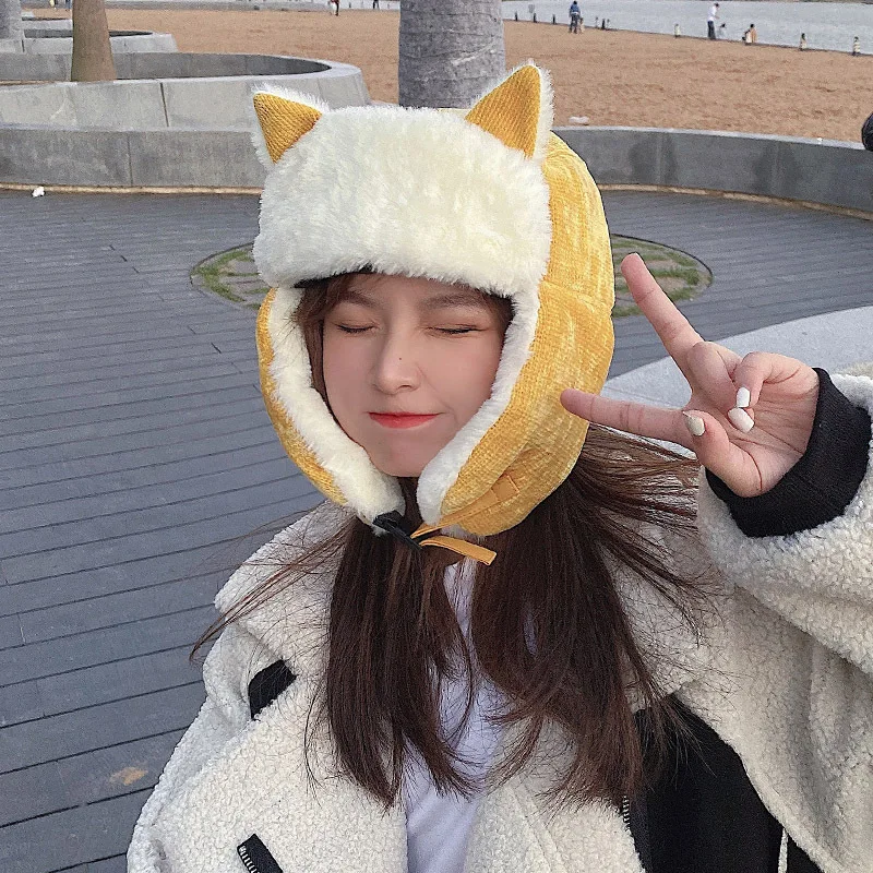 

Winter Fashion Warm Lambwool Cold Hat Thick Corduroy Cute Cartoon Shape Turnup Ear Protection Windproof Kawaii Knit Helmet Cap