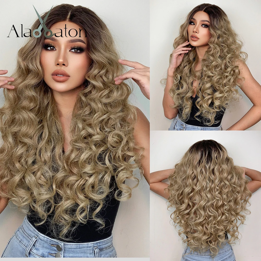 

ALAN EATON Long Curly Lace Frontal Wig for Black Women Synthetic Blonde Wigs with Dark Roots Honey Brown Hair 13x1 Lace Part Wig