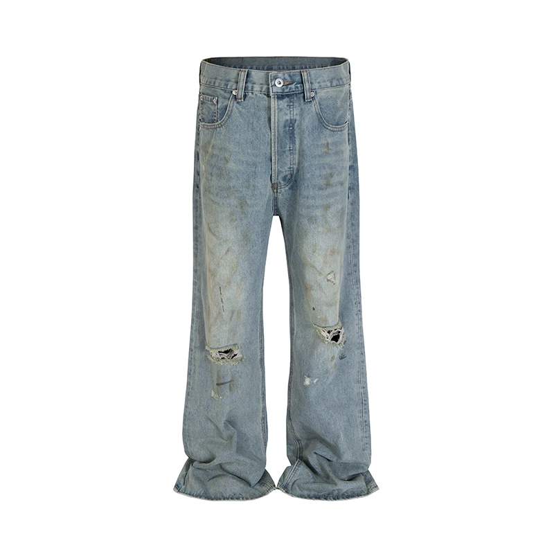 Ripped Hole Washed Blue Mud Dyed Baggy Jeans for Men and  display picture 1