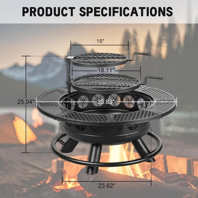 36 Inch Outdoor Wood Fire Pit with 2 Cooking Grills & Lid - 3-in-1 BBQ Bonfire Table for Backyard Patio Deck 6