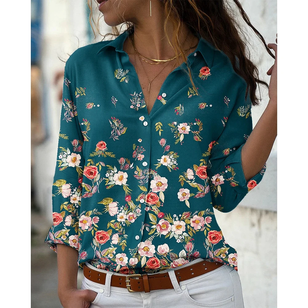 Spring Floral Print Long Sleeve Shirt for Women Buttoned Design Turn-down Collar Casual Blouse Fashion Top Elegant Outwear Blusa