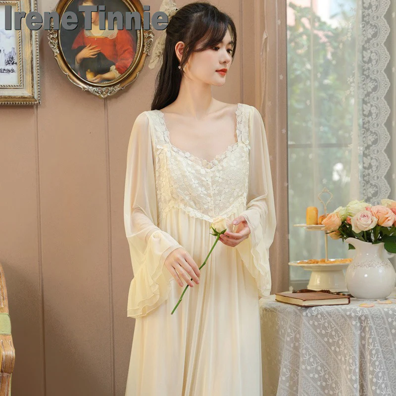 

IRENE TINNIE New Lady Autumn French Lace Modal Pyjamas Court Princess Breast Cushion Homewear Long Sleeve Mesh White Nightdress