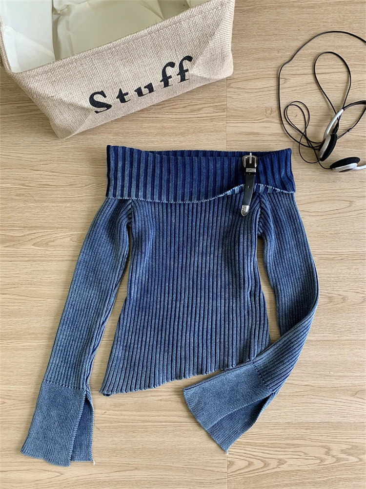 Sa43ef73384124dcda6f18dd88db2b0d61 Fashion Simple Classical Knitted Sweater Slash Neck Off Shoulder Long Sleeve Pullovers Flare Sleeve Autumn Winter Y2K Streetwear Mallzona