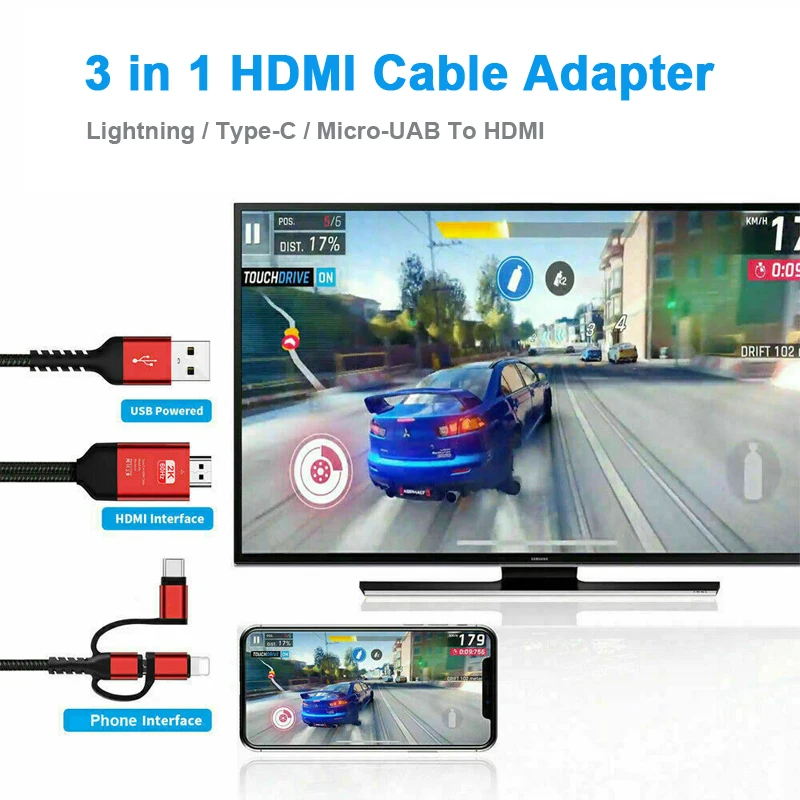 6.6ft 1080P Full HD 3-in-1 Hdmi-compatible Cable Lightning Type-C to MHL Cable Micro USB Adapter Phone to TV Projector Monitor