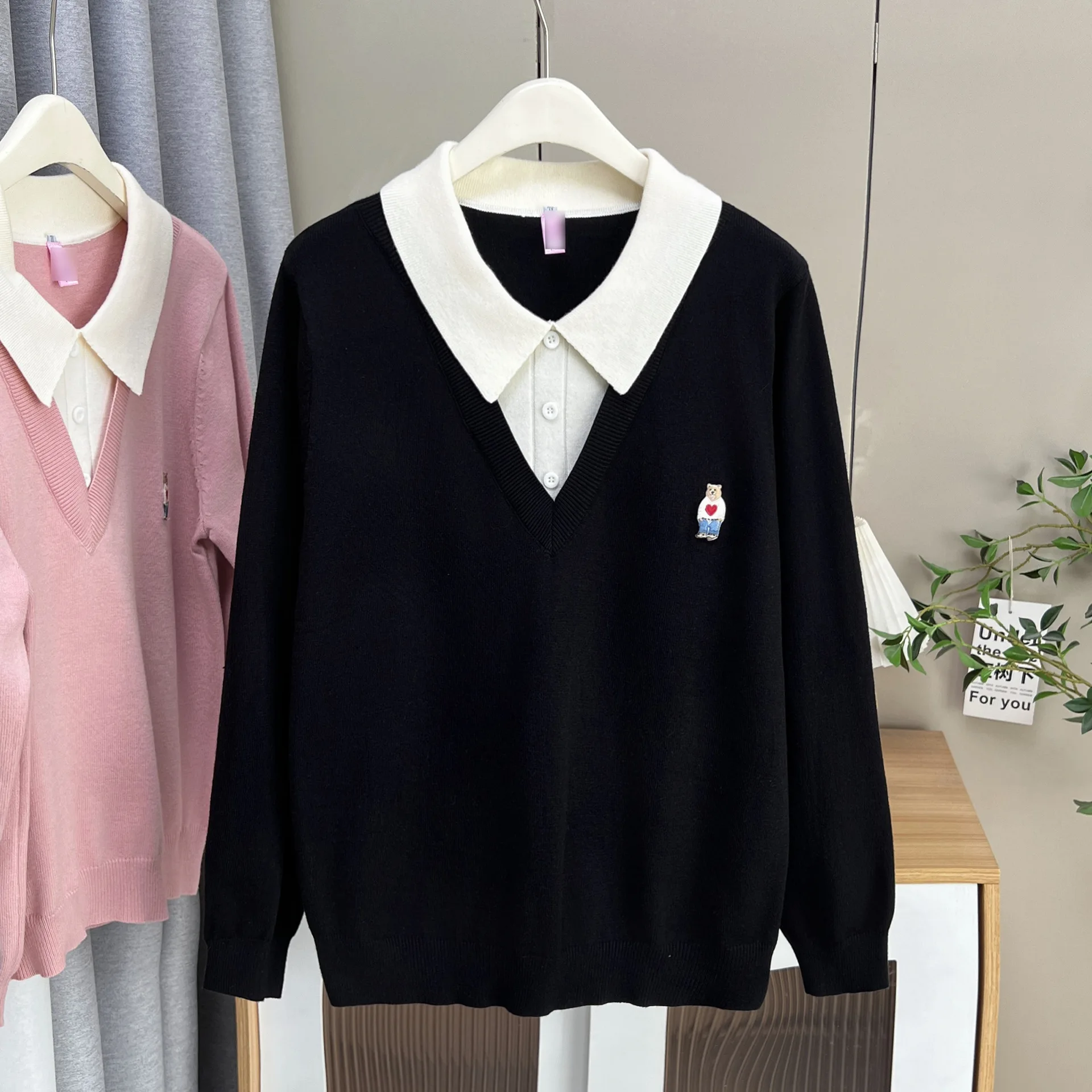 XXXXL Fashion Plus Size Women's Sweater New Autumn Youthful Three Dimensional Cartoon Fake two-piece Knitted Jumpers 5162