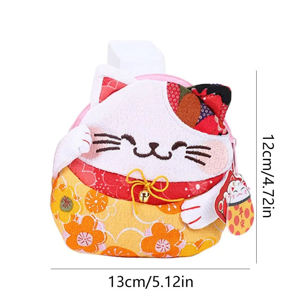 Retro Japanese Style Maneki Neko Coin Purse Zipper Flower Printing Lucky Cat Clutch Bag Storage Bag PU Card Holder Women