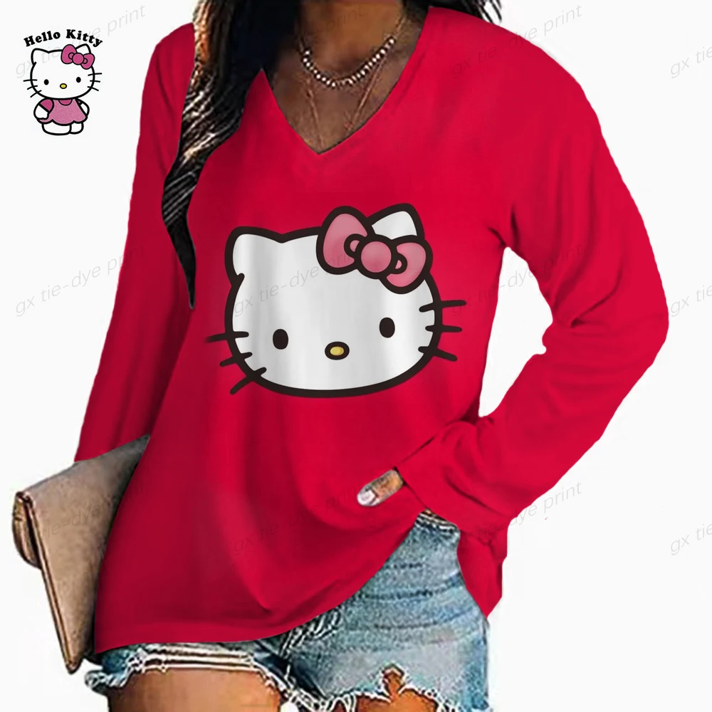 Lovely HELLO KITTY Cartoon Print TShirt Women Tops Fashion V Neck Long
