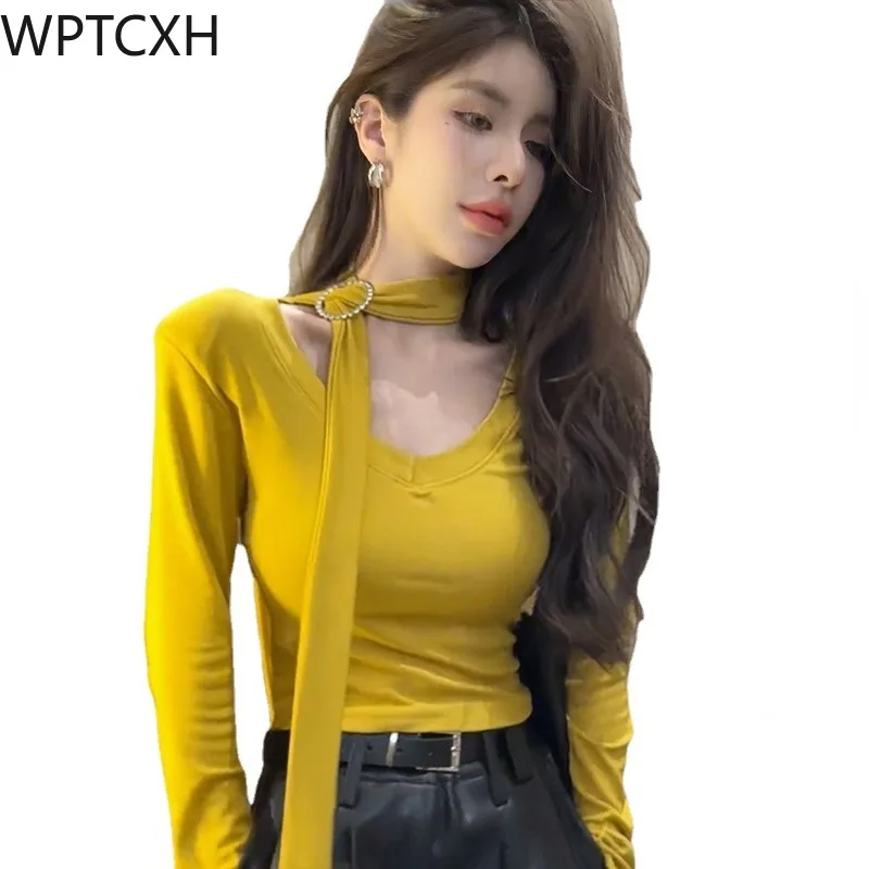 

Temperament Women Tops Sexy V-neck Ribbon Slim Solid Color Basics T-shirt Outwear Fashion All-match Bottoming Shirts Spring New