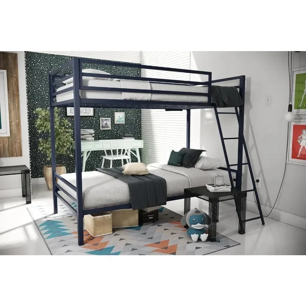 

Metal Bunk Bed with Ladder and Guardrails, Navy Blue Beds