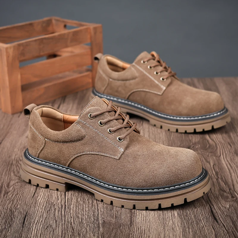Men ML British lace-up boots platform anti-slip suede casual round toe leather shoes low help working