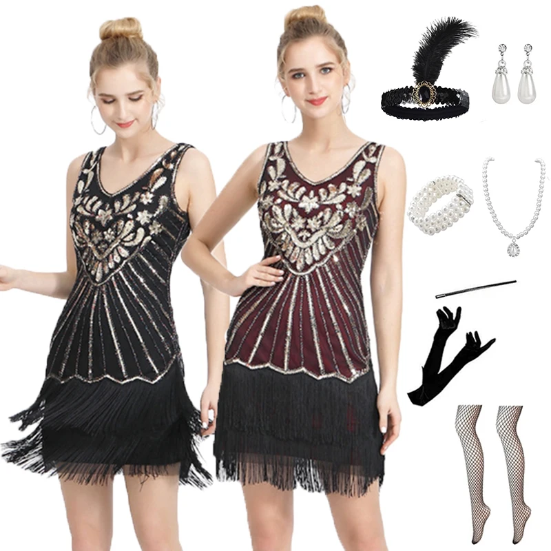 

1920s Vintage Sequined Fringed Dress V-Neck Gates Handmade Party Necklace Gloves Feather Headdress Set
