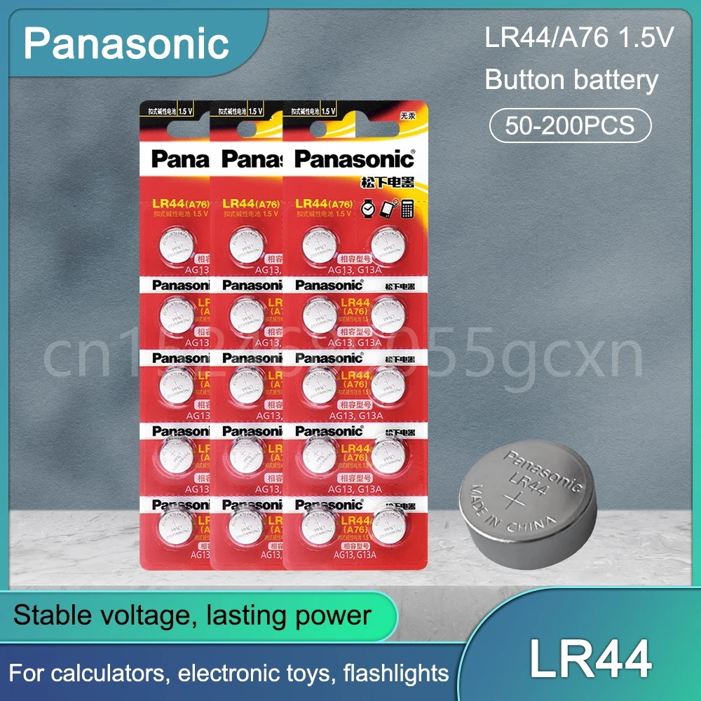 

Щелочная батарея Panasonic LR44 A76 AG13 LR1154 SR1154 SR44 GP76 1,5 В для часов, часов, калькуляторов, электрических игрушечных кнопок