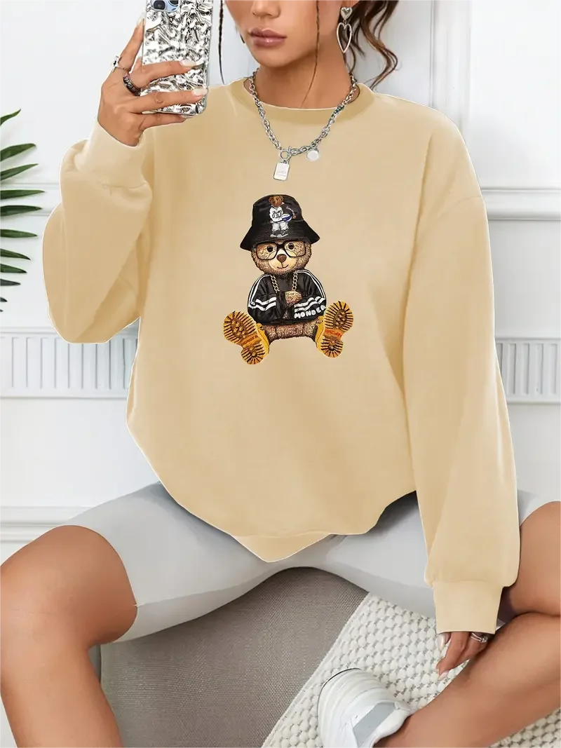 Cute Bear Print Pullover Casual Loose Fashion Long-Sleeved Sweatshirt Solid Color Women's Clothing