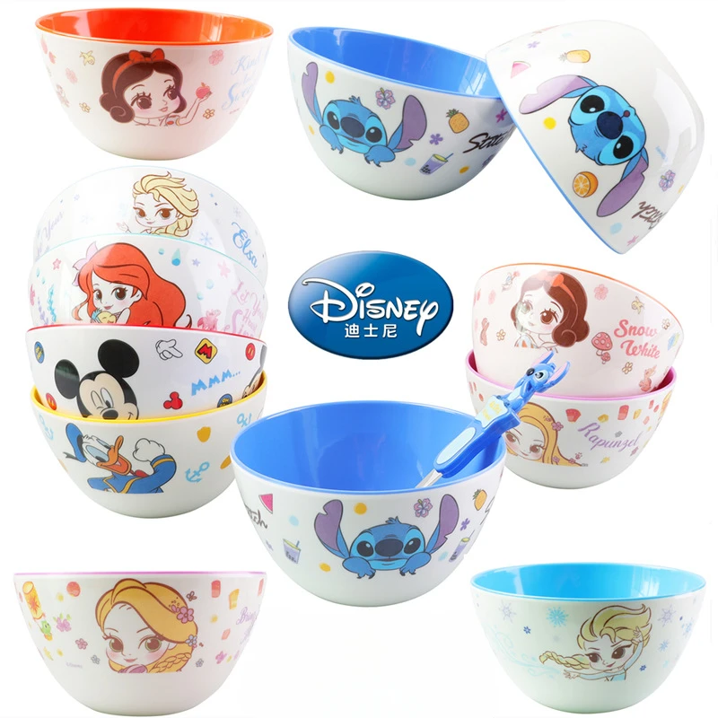 Disney Stich Mickey Minnie Children's Bowl Melamine Anti-fall Anti-scalding Home Kindergarten Baby Children Eat Food Bowl Toys