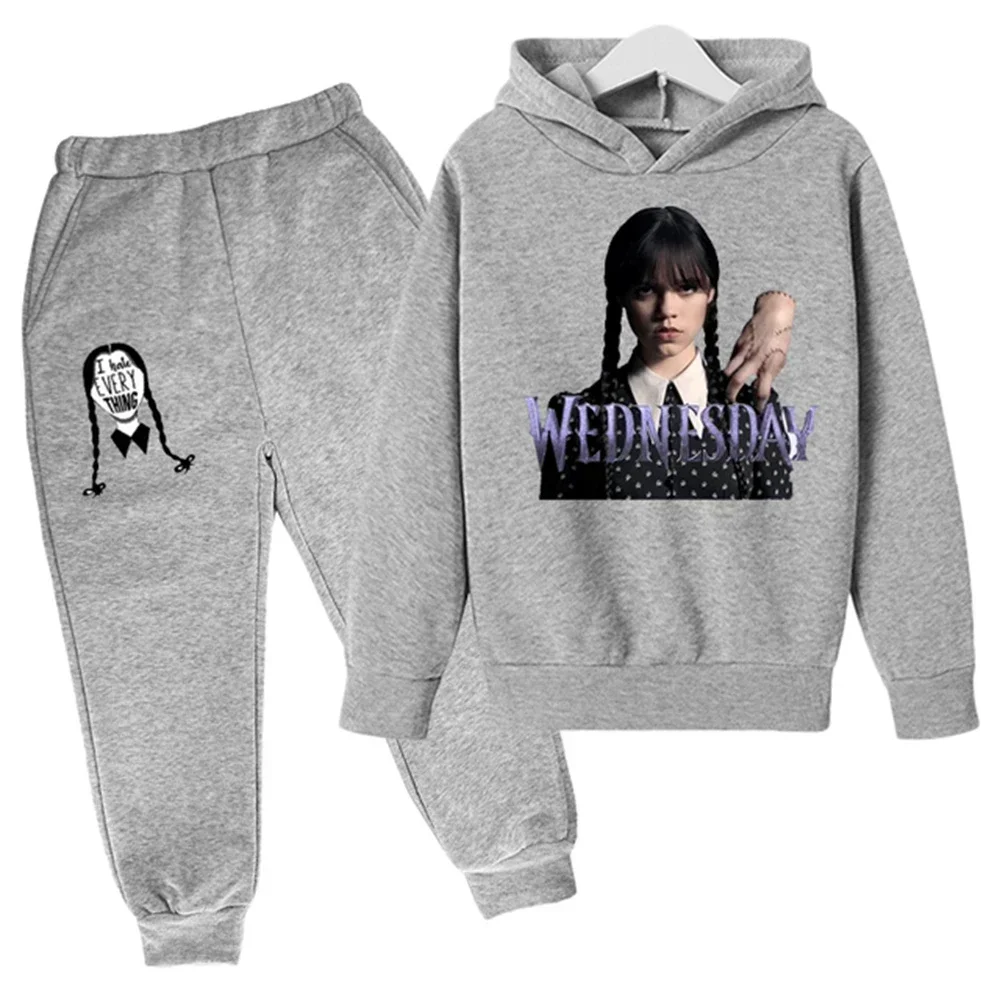 thumbnail image 1 of Nueva sudadera con capucha y pantalones de primavera y otoño de Wednesday Addams para niños, 2 piezas, trajes de 2 a 14 años, ropa de calle para niños y niñas, ropa de bebé para niños, 1 of 5