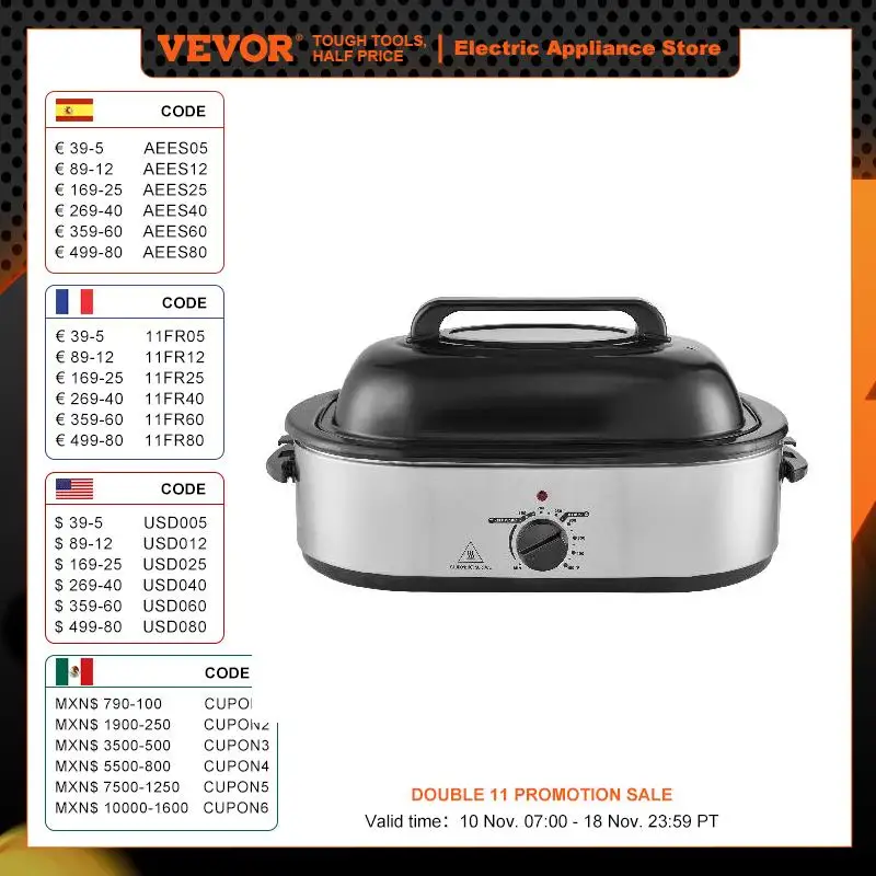 VEVOR Electric Roaster Oven 18QT Turkey Roaster Oven with Self-Basting Lid 1450W with Defrost & Warm Function 22LBS