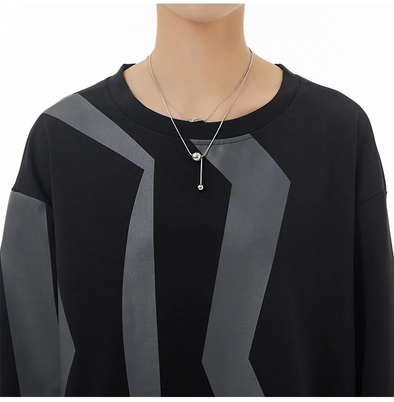 Japanese Crewneck Top gray  Women’s temperament geometric printed T shirt blouse high-end loose thin round o-neck striped long sleeves Tops for Woman in grey with black Fall autumn winter spring womens fashion season