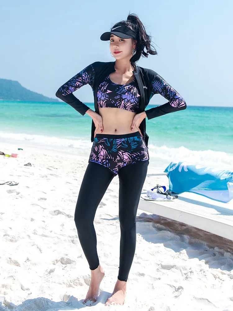 Unisex 3-5 Piece Rash Guard Swimsuit Set Long Sleeve Zipper Bathing Suit Wetsuit Beachwear Tankini Tracksuit with Boy Shorts