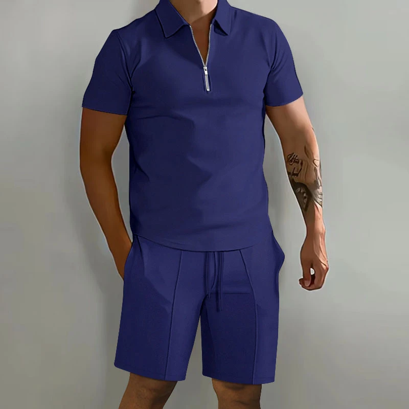Summer New Solid Color Men's Sets High Street POLO Collar Short Sleeve Zip Fastener Pullovers Elastic Waist Pockets Y2K Shorts