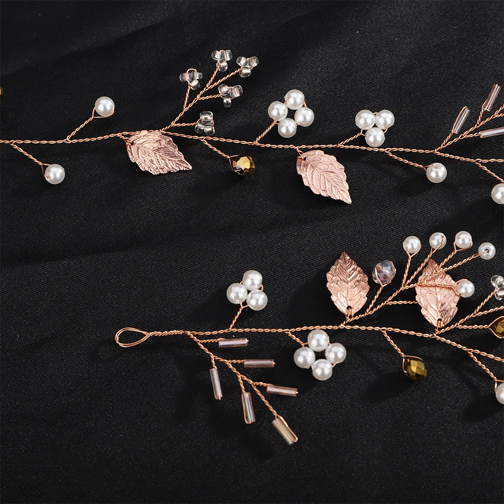 Pearl Crystal Bridal Headband Vine Women Handmade Rose Gold Wedding Hair Accessories Party Leaf Bride Head Jewelry Headpiece
