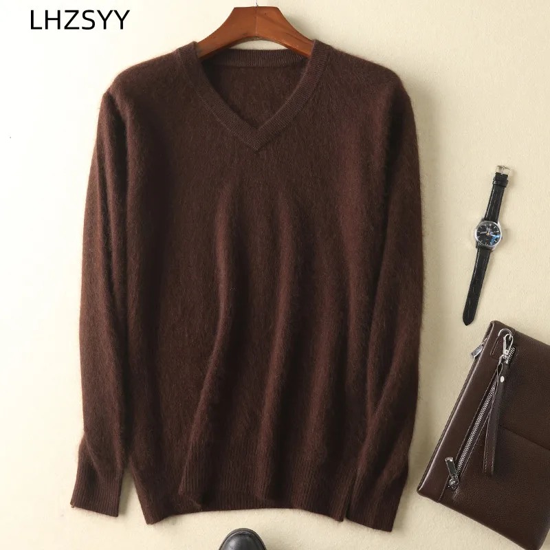 LHZSYY Men's 100% Mink Cashmere Large Size Sweaters Autumn Winter Solid V-neck Casual Knit Pullovers Men Long Sleeve Warm Jumper 6