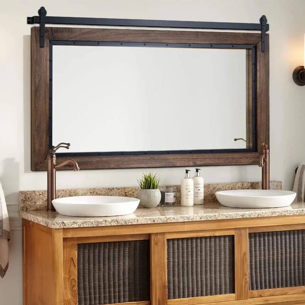 48"x30" Rustic Bathroom Mirror, Wood Frame Wall Mirror, Wooden Mirror for Living Room Bedroom Entryway Wall D&eacute;cor