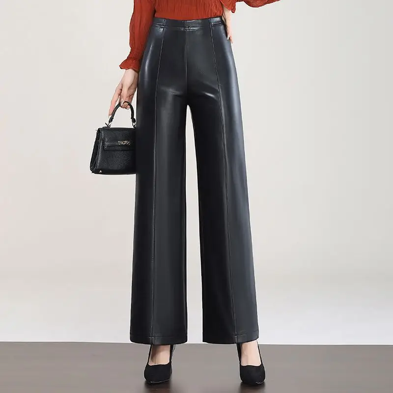 

Autumn Winter New PU Leather Pants Women's Fashion High Waist Straight Tube Pants Black Loose Korean Version Simple Commuter