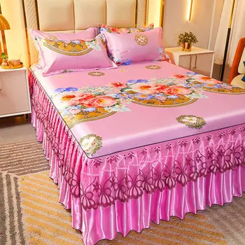 2/3 Pcs Bedding Set Home Classic Lace Bed Spreads Machine Washable Bed Sheets Pillowcases with Elastic Band for Queen King Size