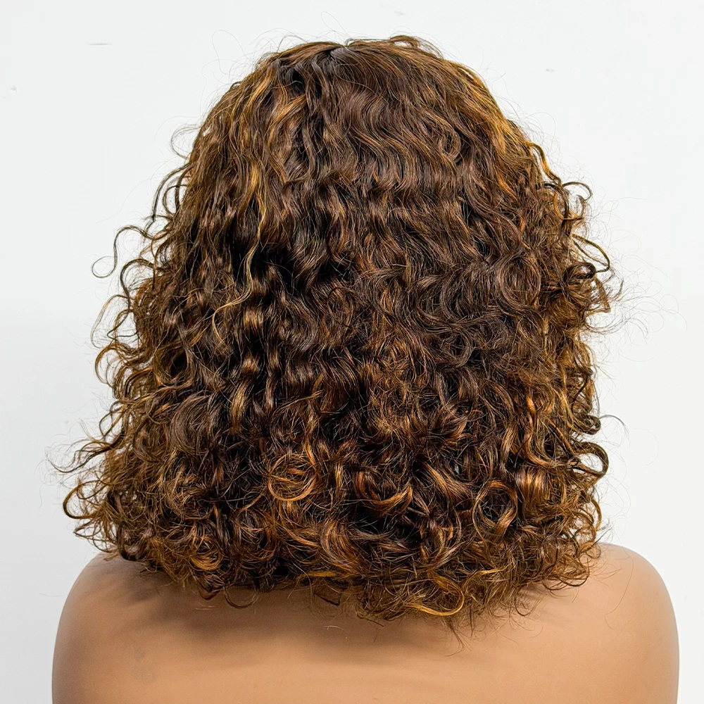 Water Wave Human Hair Wig with Bang 230% Density Double Drawn Glusless Wig Full Machine Made Short Bob Wig For Black Women