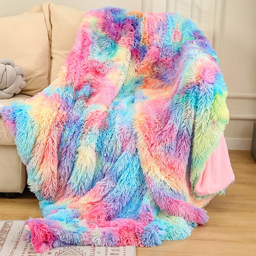 

Tie dyed plush Rainbow blanket Soft Bedspread bed plaid blanket for beds Double hairy Bed Cover Decorative Sofa Double Bedspread