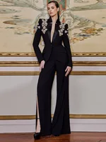 HIGH STREET Newest 2026 Designer Suit Women Beaded Diamonds Stand Collar Single Button Blazer Wide-leg Pants Set 2PCS