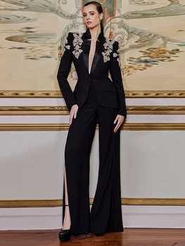 HIGH STREET Newest 2026 Designer Suit Women Beaded Diamonds Stand Collar Single Button Blazer Wide-leg Pants Set 2PCS 1