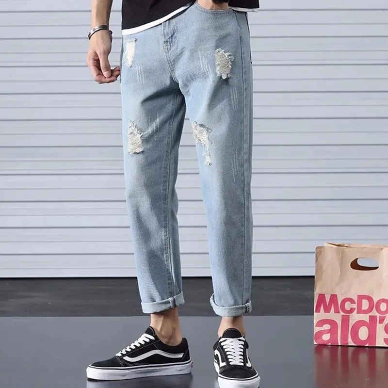 Fashionable Men's Tight Jeans 2024 New Korean Edition With Leaky Holes Men's Loose Straight Drop Feel Wide Leg Pants Light Blue